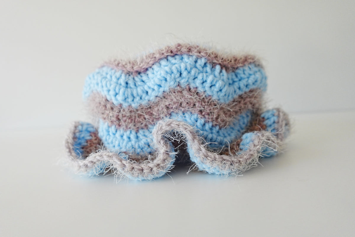 Zigzag Fuzzy Crochet Hat in Ice Blue x Grey