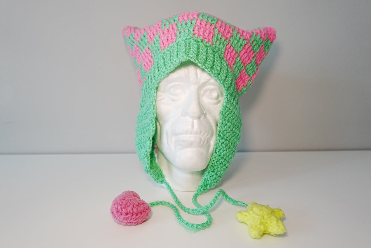 Checkered Cat Ears Crochet Hat in NeonPink x MintGreen