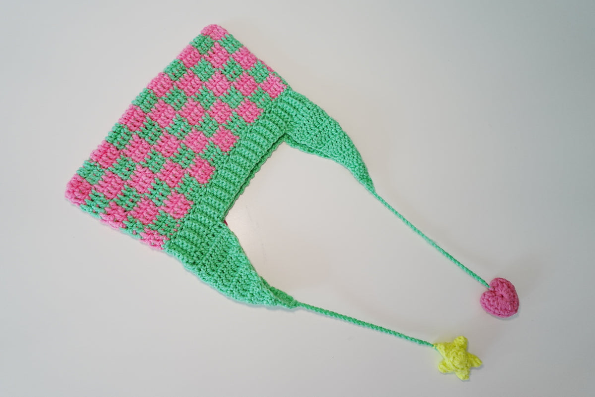 Checkered Cat Ears Crochet Hat in NeonPink x MintGreen
