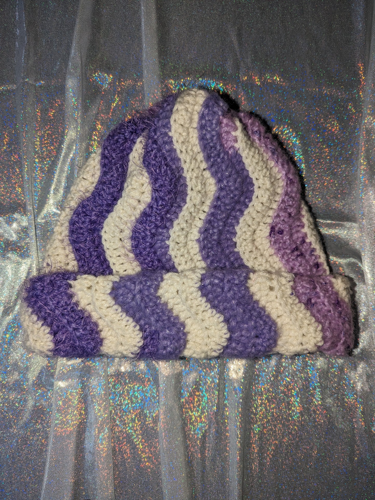 Handmade Wavey Crochet Beanie hat in Purple