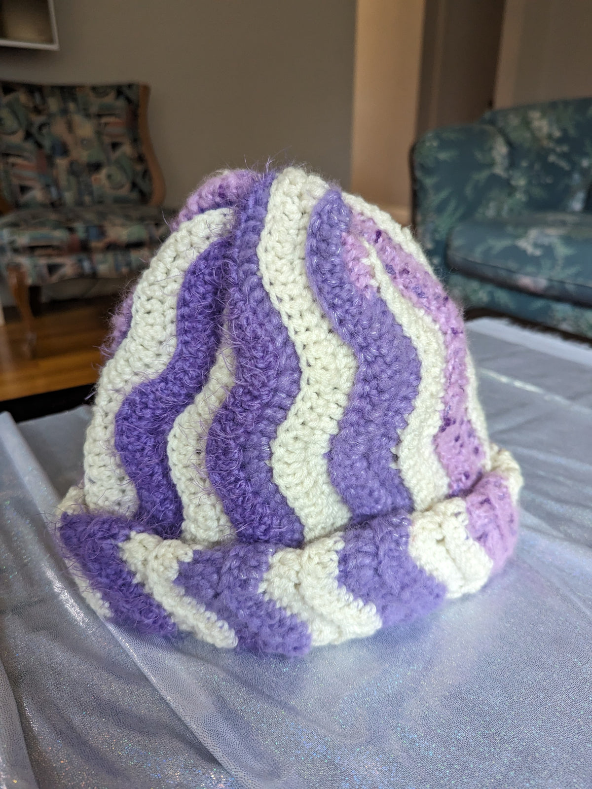 Handmade Wavey Crochet Beanie hat in Purple