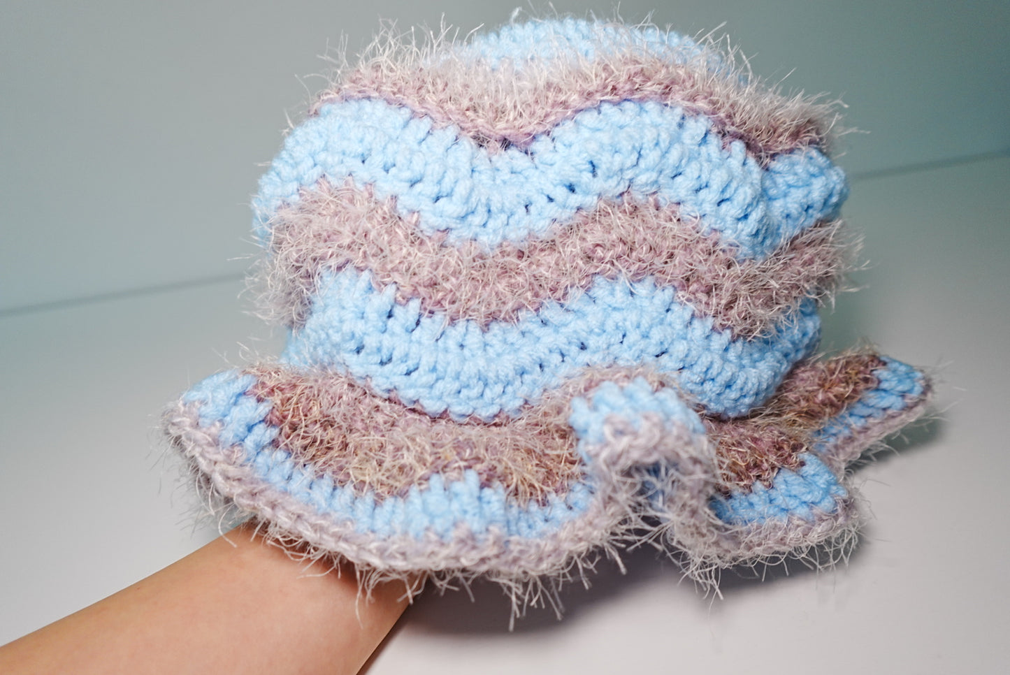 Zigzag Fuzzy Crochet Hat in Ice Blue x Grey