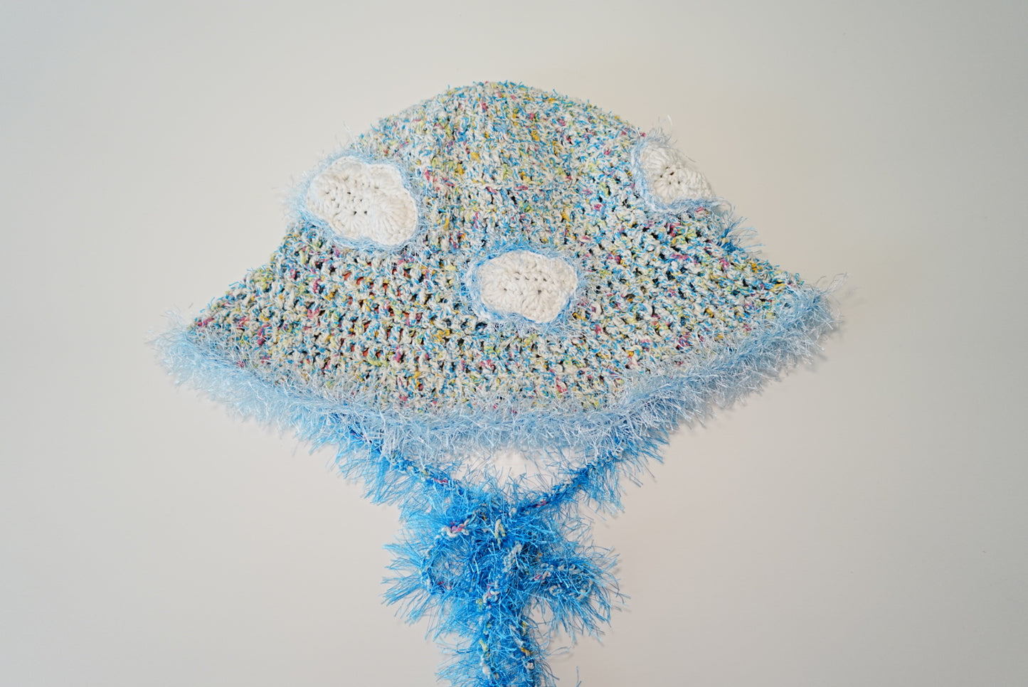 Fuzzy Clouds Crochet Hat in White x Blue