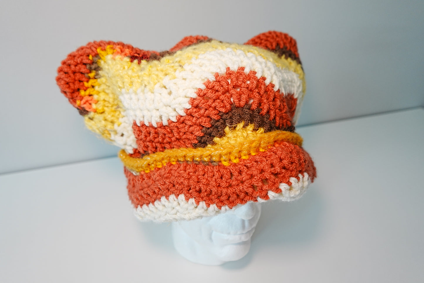 Wavey Crochet Cat Ear Hat in Brown Orange and Multi color