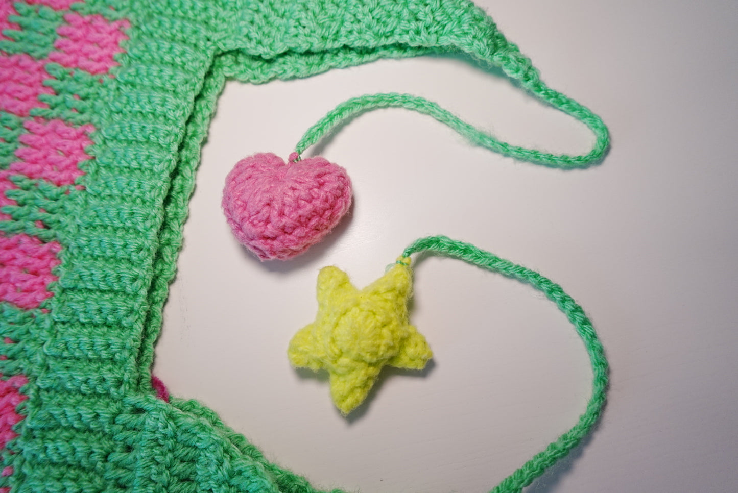 Checkered Cat Ears Crochet Hat in NeonPink x MintGreen