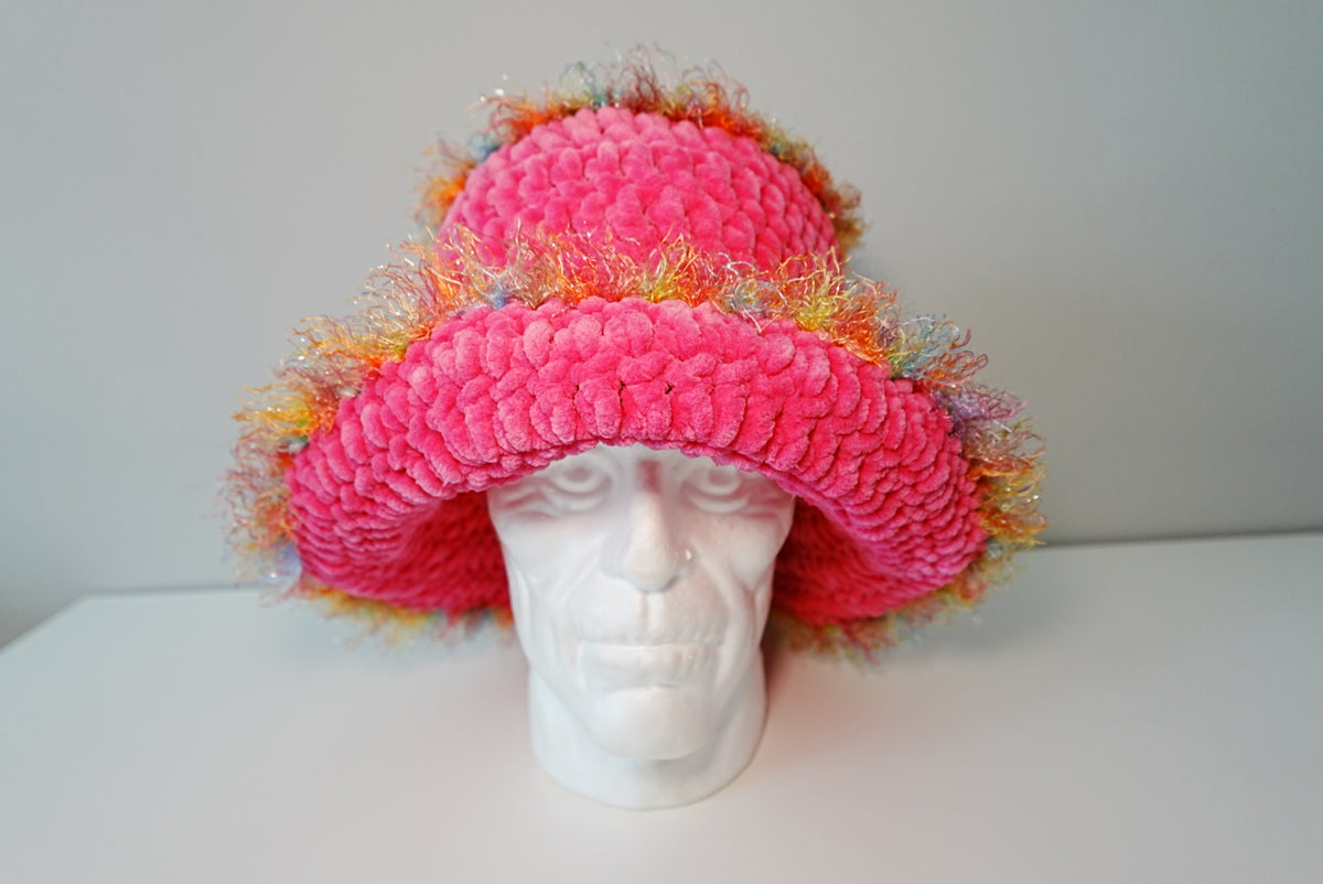 NeonPink Fluffy Crochet Bucket Hat