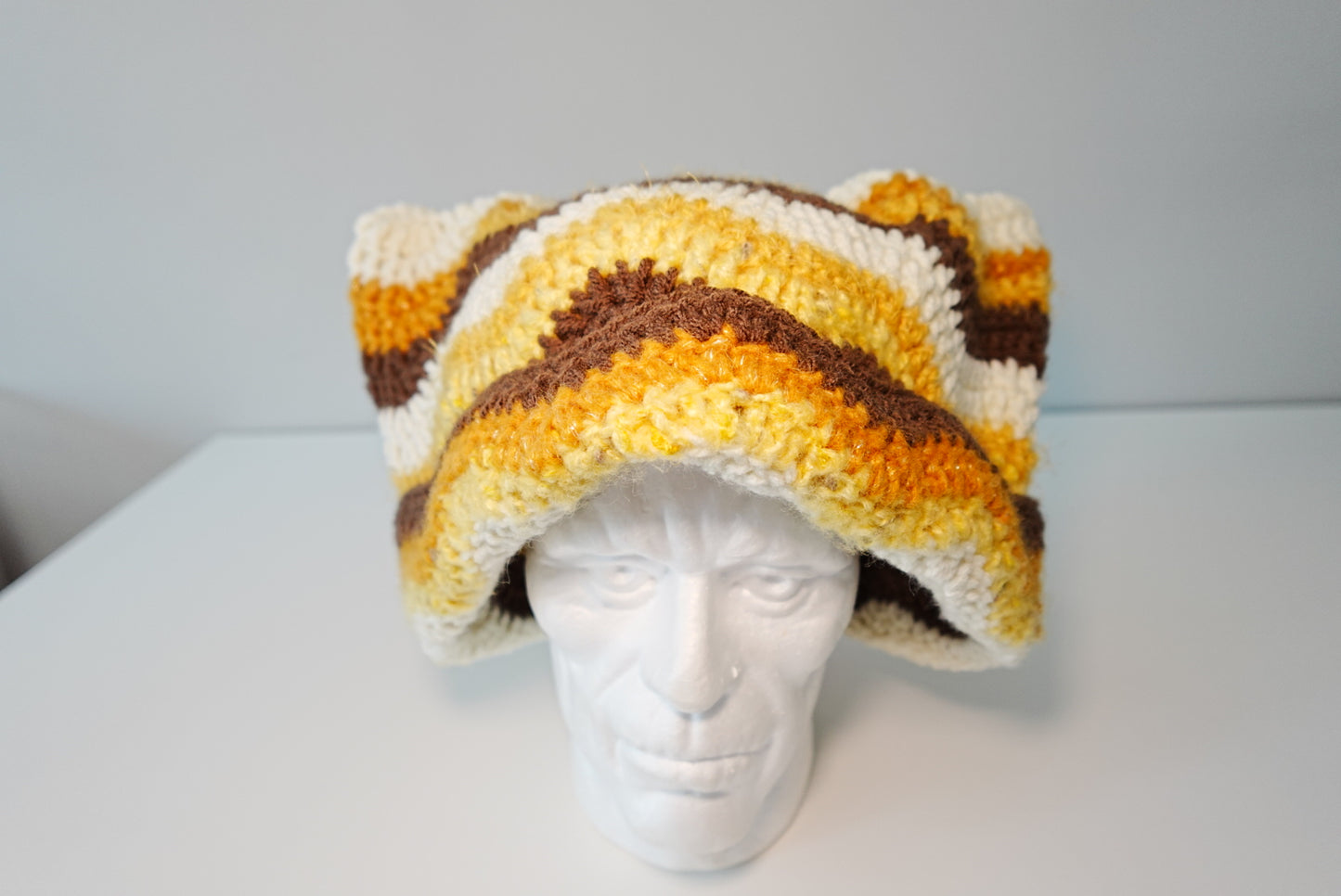 Wavey Crochet Cat Ear Hat in Brown x Yellow x White