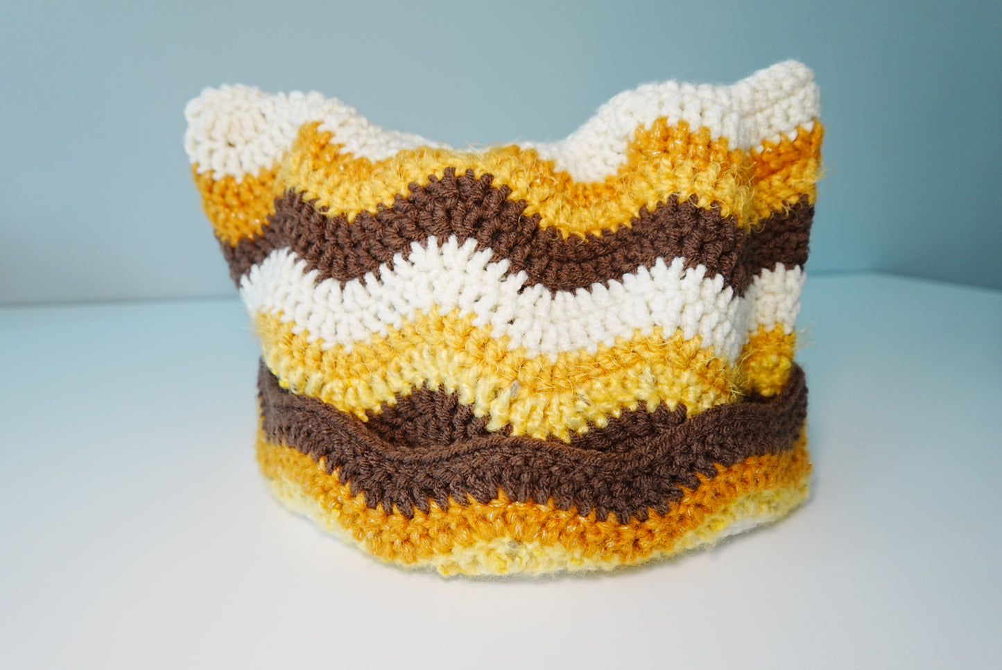 Wavey Crochet Cat Ear Hat in Brown x Yellow x White
